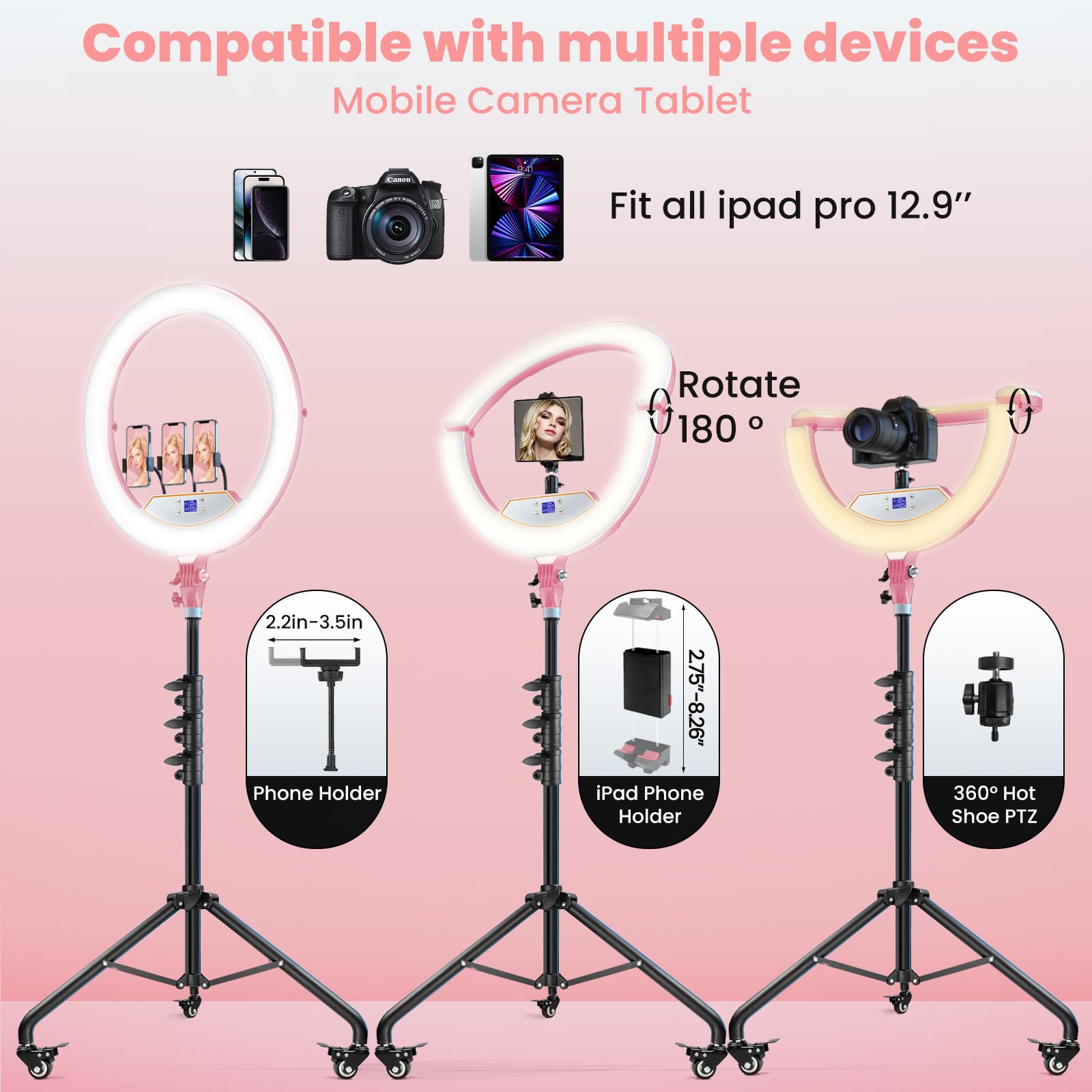 Kit de luz de anillo de 22 pulgadas: LED profesional de 6500 K con soporte (rosa)