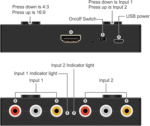 Miniatura 2 de Adaptador convertidor RCAAV a HDMI de 2 puertos compatible con 16943 para reproductores WIIN64PS1PS2PS3VHSVCRDVD, etc. (2 AV en 1 salida HDMI)