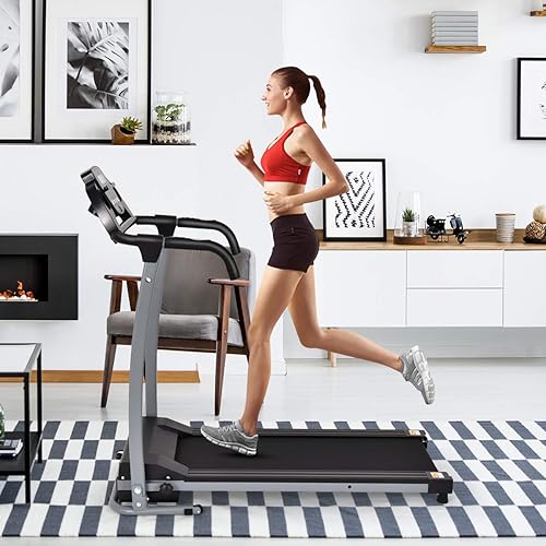 Miniatura 8 de GYMAX Caminadora plegable, máquina eléctrica motorizada para caminar con soporte para dispositivo para ejercicio cardiovascular, entrenamiento de