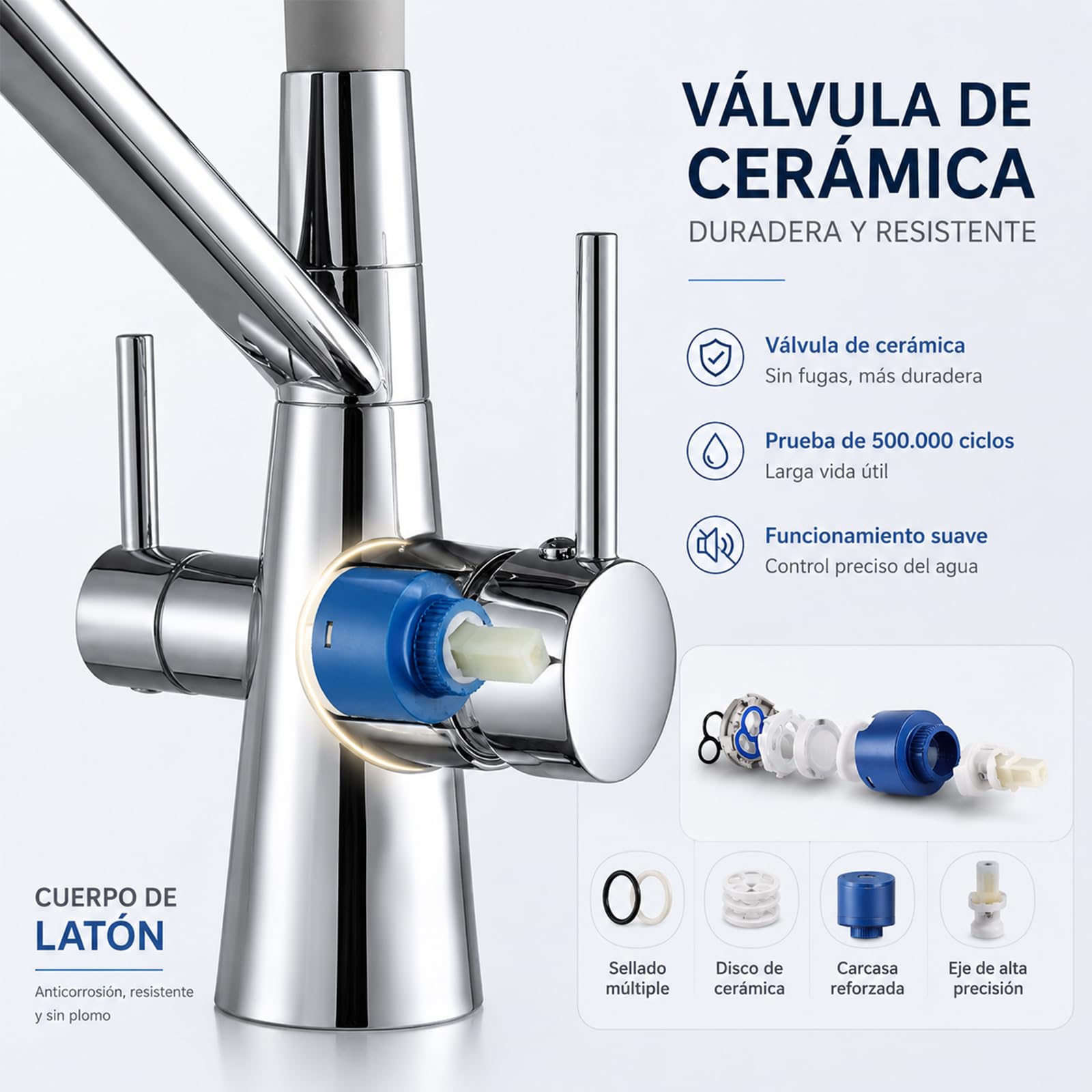 Grifo de Cocina 3 Vías para Ósmosis, 2 Modos de Agua, Cromado | Agua fría, caliente y filtrada | Canal independiente | Latón macizo | Giro 360° | Compatible con ósmosis