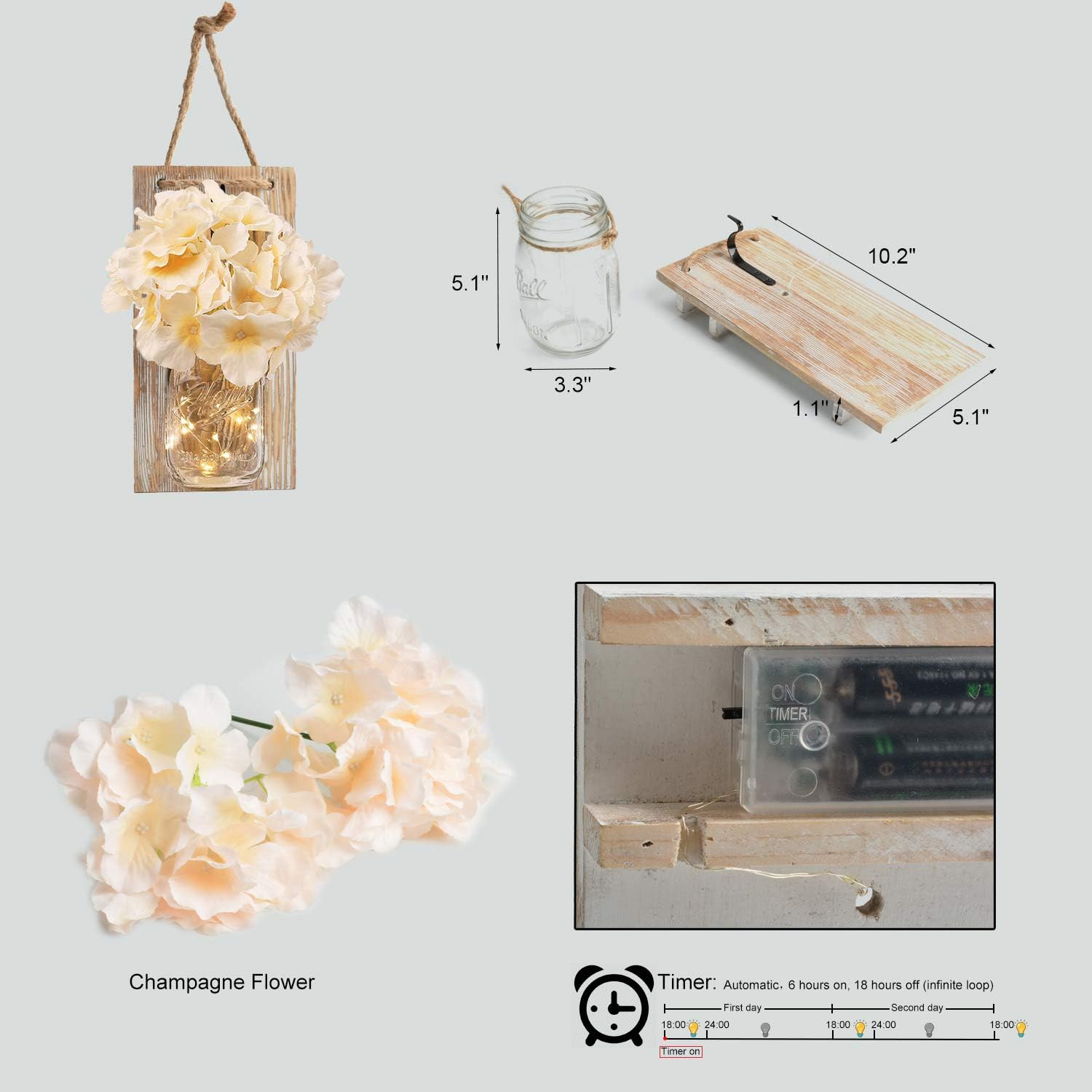 Mason Jar Sconce Rustic Home Wall Decor with LED Fairy Lights - Handcrafted Hanging Mason Jar Sconces 2 Pack