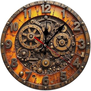 Vintage Steampunk Gear Wall Clock Orange Backlight Home Decor 2D Wall Clock, Silent Non Ticking Battery Operated, Clock Decorative for Home Kitchen Living Room Office Bathroom Bedroom(10 Inch)
