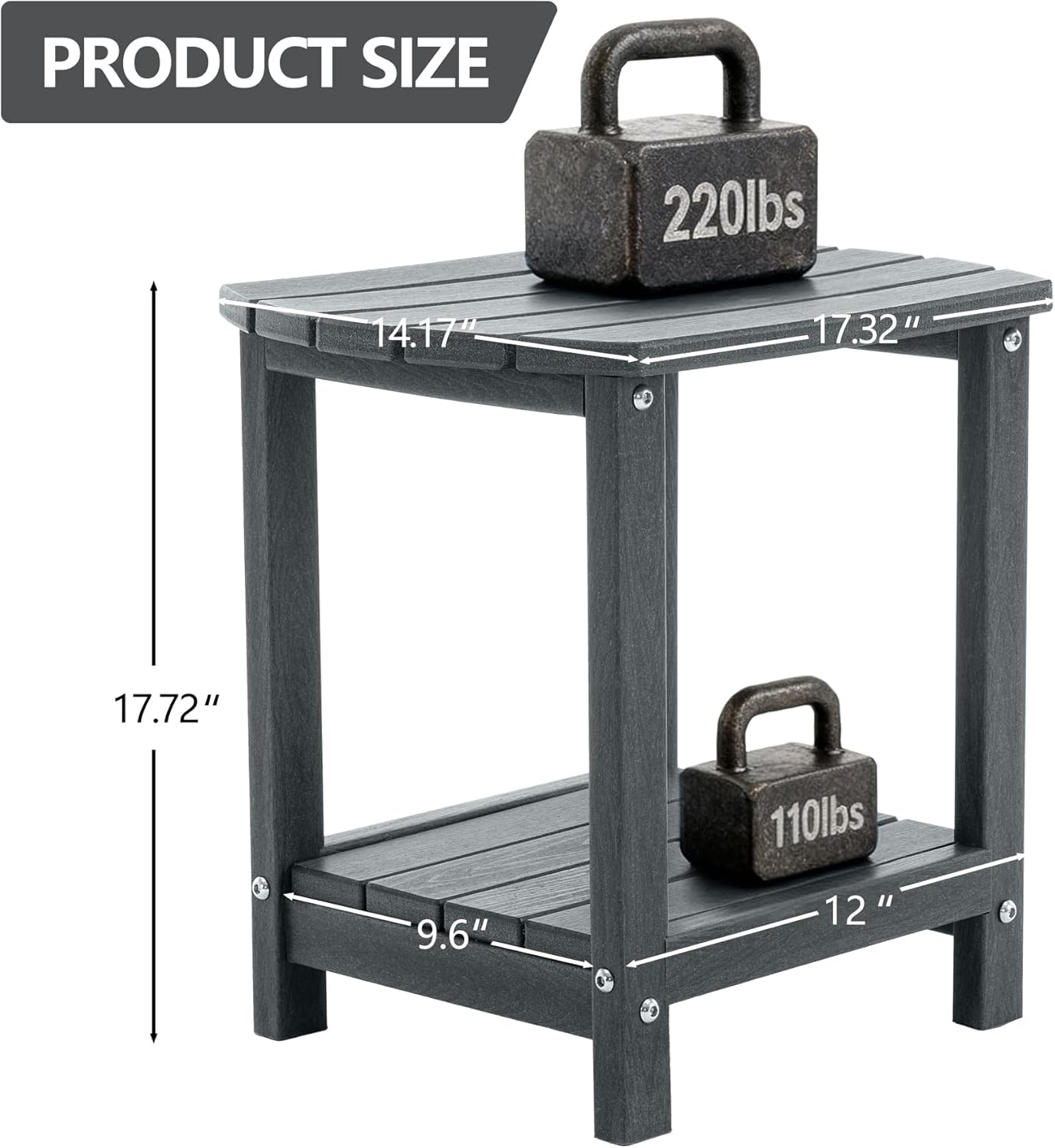 Adirondack Small Outdoor Side Table - Weatherproof HDPE Patio End Table with 2-Tier Storage for Firepit, Balcony, Garden, Poolside or Bathroom (Grey, Set of 1)