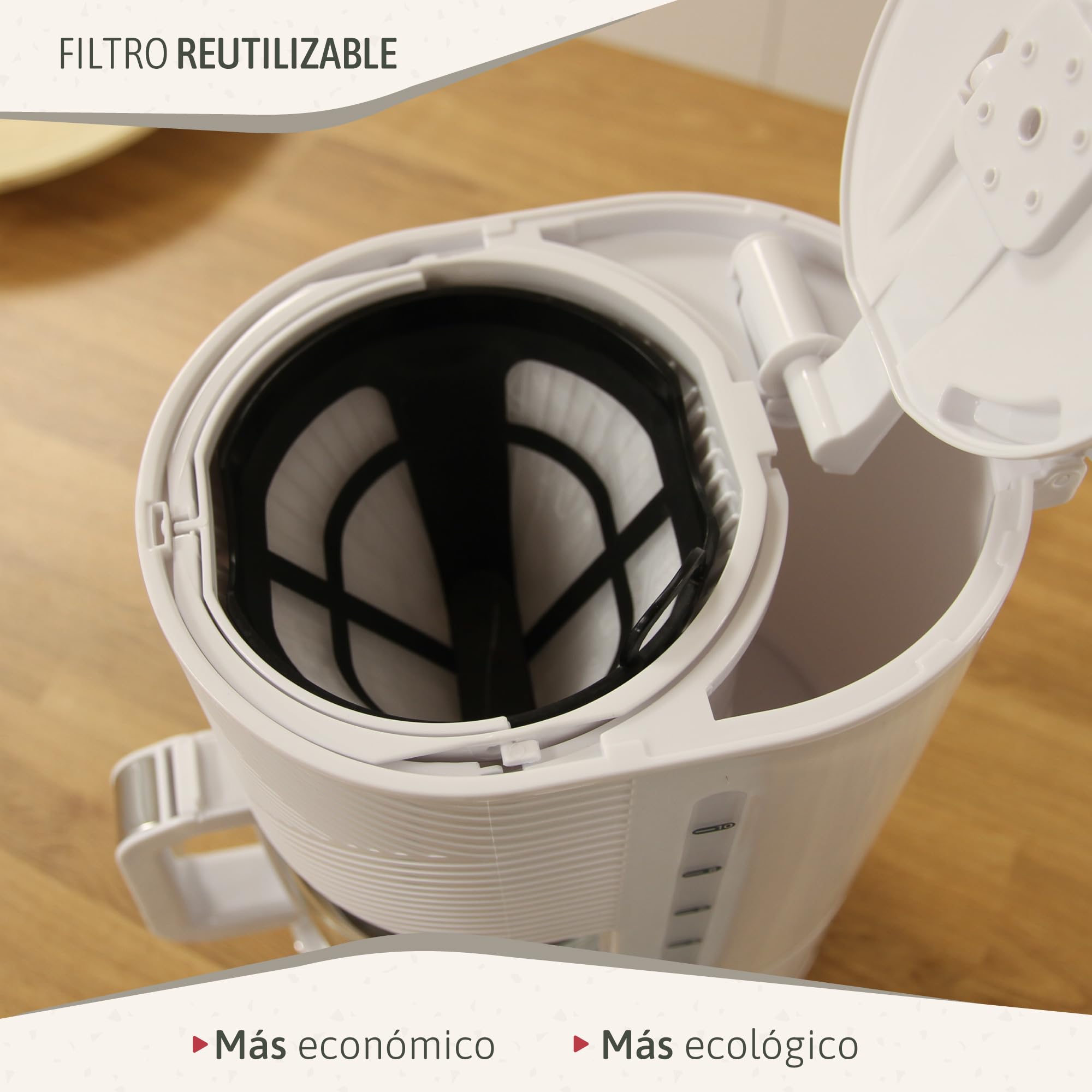 briebe Elegance Cafetera Goteo 10 Tazas Máquina de Café Filtro Permanente Reutilizable, Función Mantener Caliente, Sistema Antigoteo 1,25L, Blanco