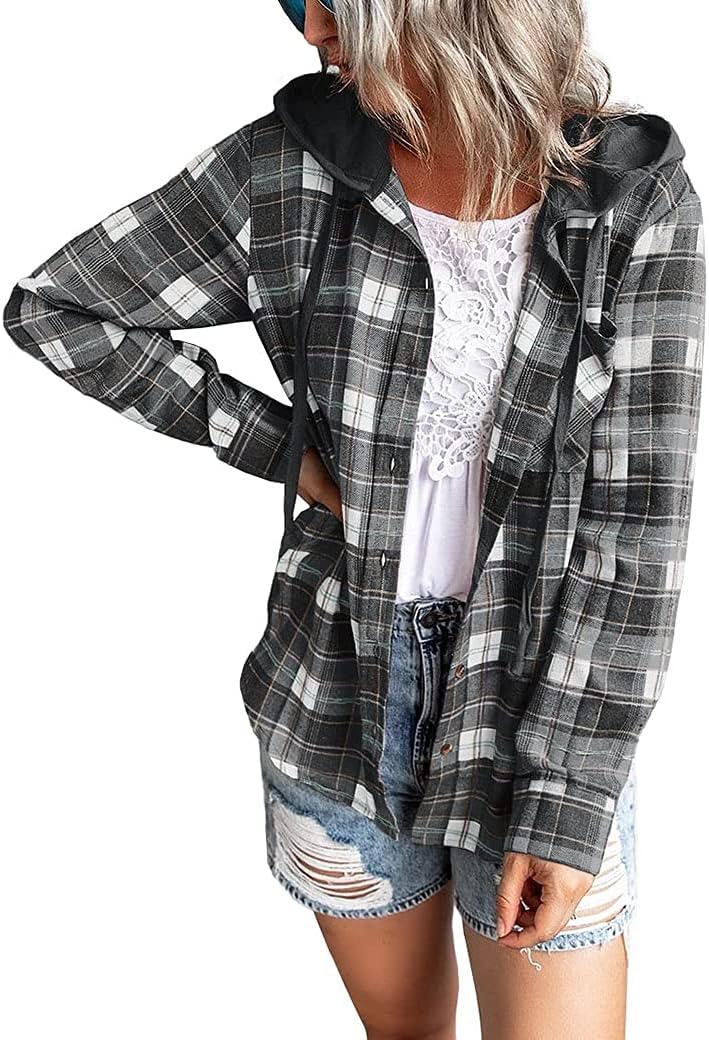 Ezcosplay Women Shacket Flannel Plaid Tops Long Sleeve Plaid Blouse Hood Button Down Casual Shirt Coat