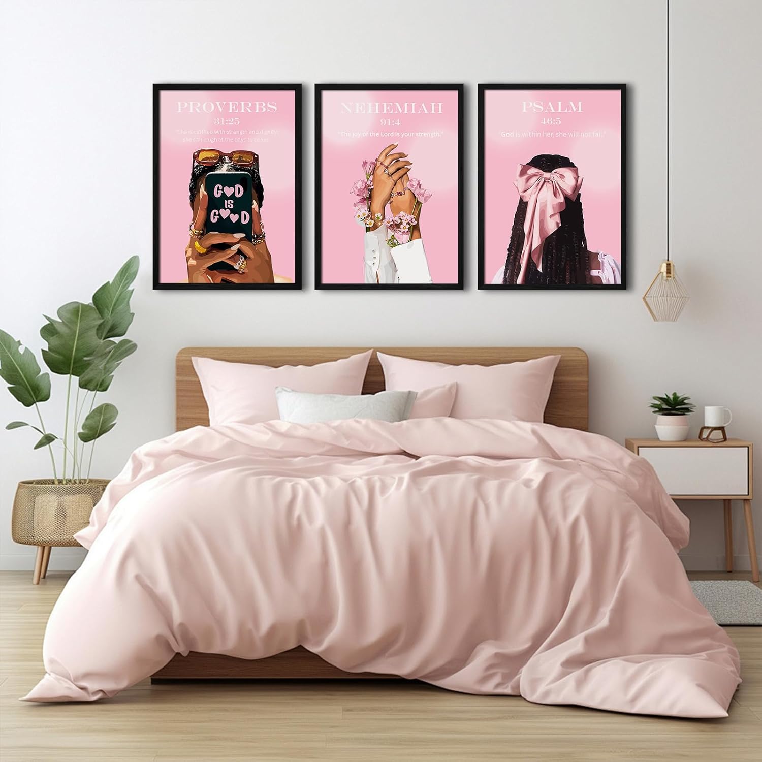 Black Girl Wall Art Pink Christian Canvas Poster Bible Verse Wall Decor African American Woman Pictures Fashion Black Women Prints Trendy Faith Scripture Painting for Bedroom 12x16 Inch Wood Framed