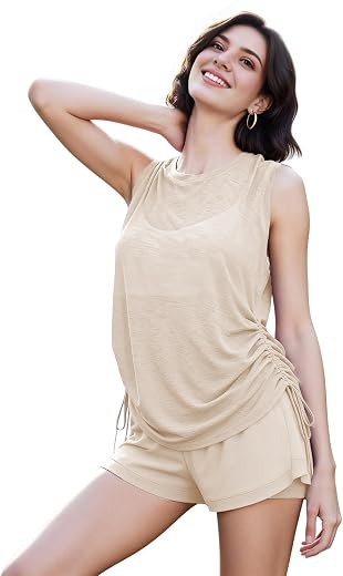 Venzina® Gym Tops for Woman Beach Wear Dress for Women Sheer Thin Airy Fabric Adjustable Side Drawcord Breathable Quick Dr...