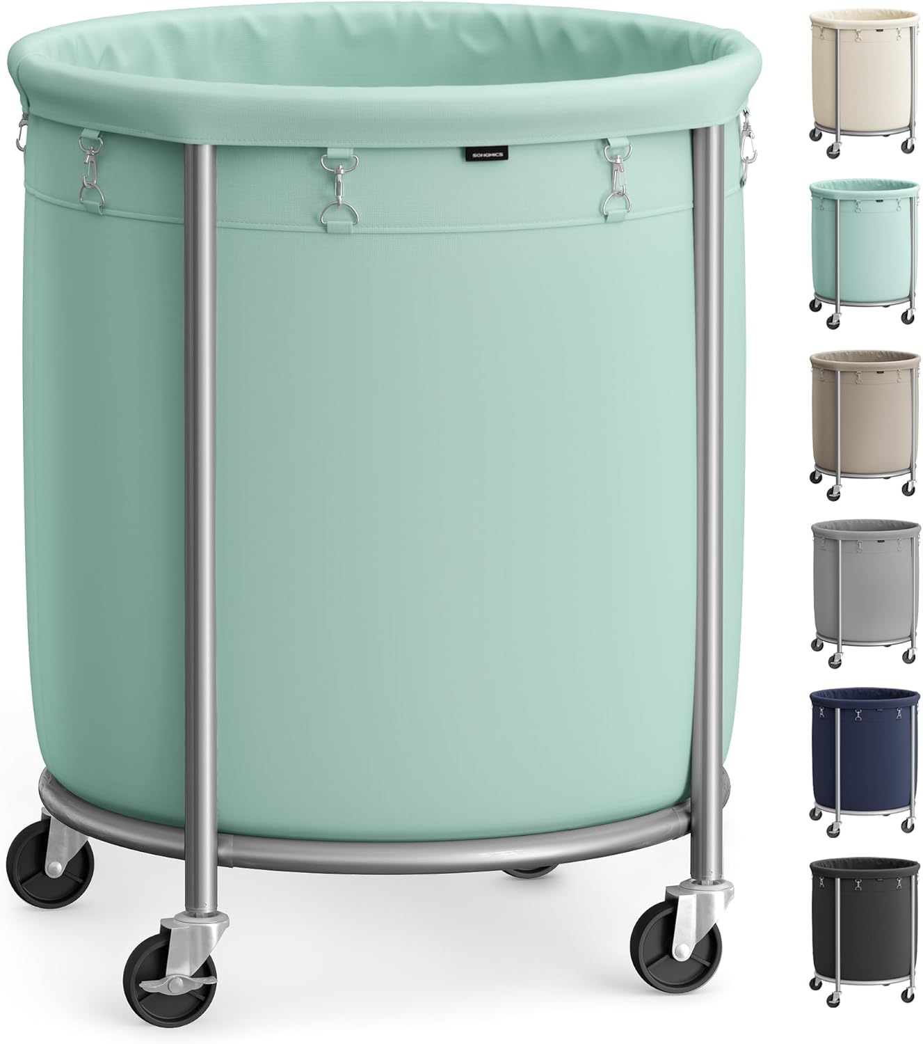 SONGMICS 50.2-Gallon (190 L) Laundry Basket with Wheels, Rolling Round Heavy-Duty Laundry Hamper Cart with Steel Frame and Removable Bag, 2 Locking Wheels, Mint Green and Metallic Silver URLS001C01 Mint Green + Metallic Silver 190 L (1-Section)