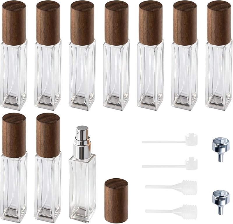 Frasco atomizador recarregável para perfume Cryslora com tampa de madeira Walnut, 10 mL, Pacote com 10