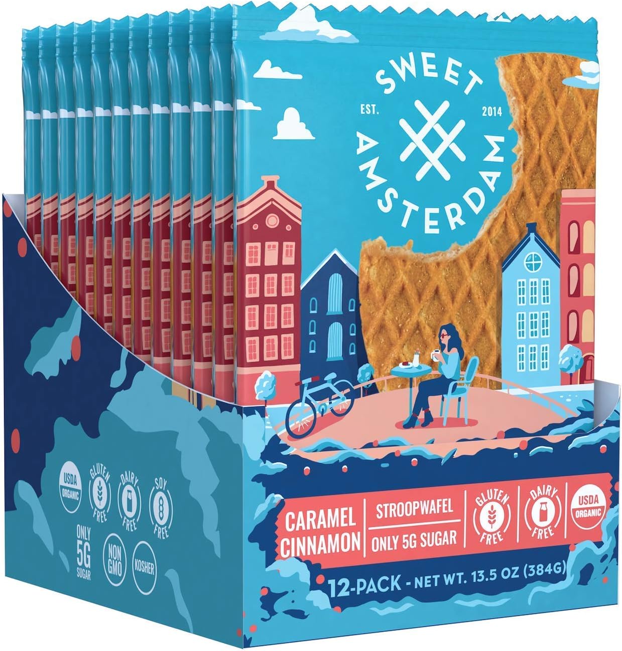 Sweet Amsterdam Stroopwafel Cookies | Gluten Free, Dairy Free, Non-GMO Waffle Snacks | Hand Made in USA Wafer Snacks | Caramel Cinnamon | 12-PACK