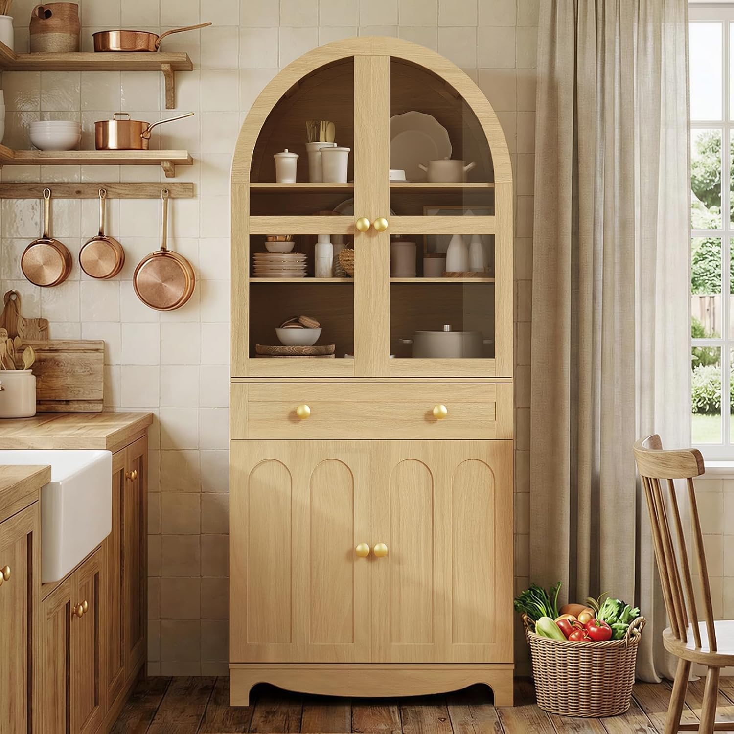 HOOBRO 71 inch tall arched pantry cabinet in a farmhouse kitchen setting, showcasing its natural wood finish and glass doors filled with dishes.