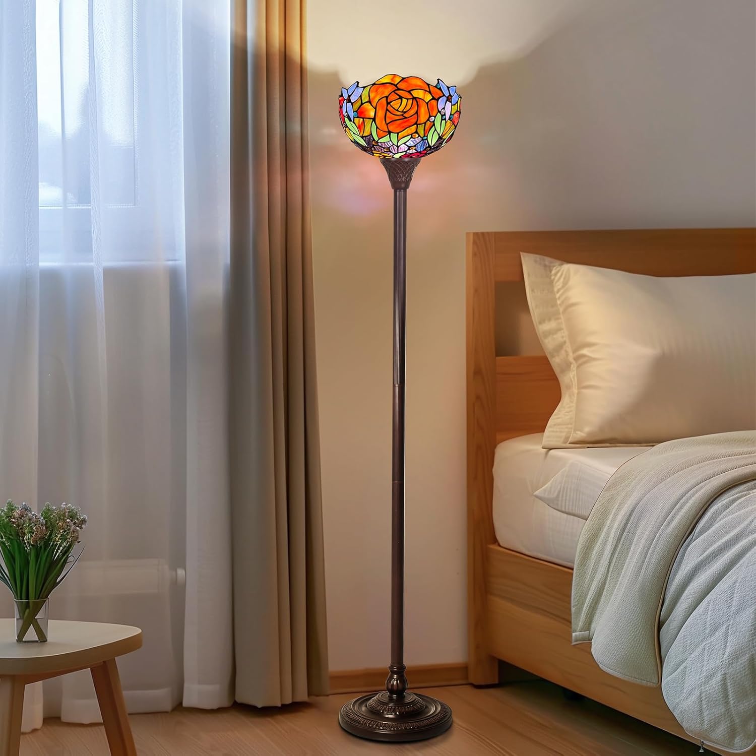 Capulina Tiffany Lamp Stained Glass Torchiere Floor Lamp 12x12x70 Inches Industrial Blackish Bronze Pole Yellow Red Rose Tiffany Style Standing Lamp for Living Room Bedroom Home Office