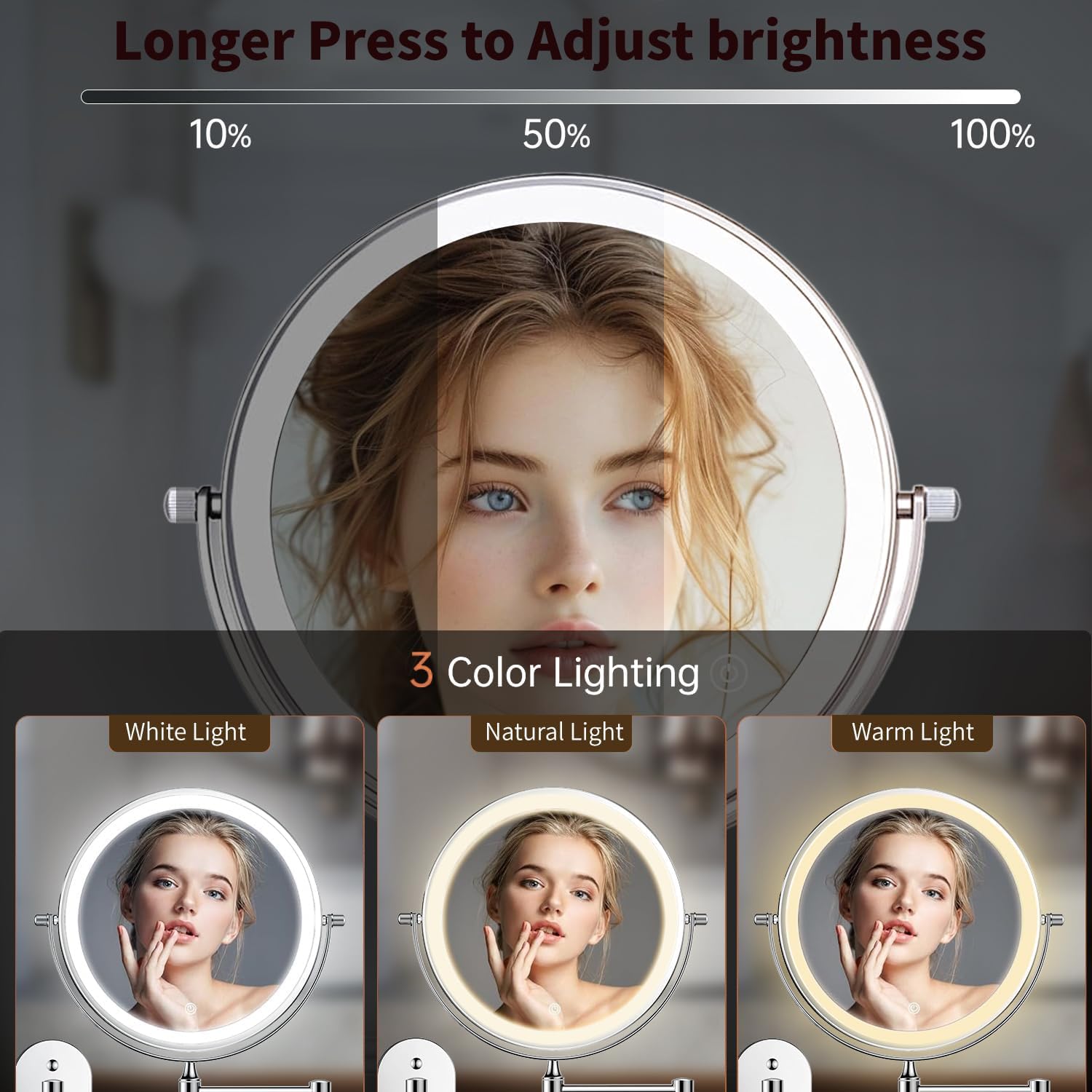 8.5" Wall Mounted Lighted Makeup Mirror, 3000 mAh Rechargeable Double-Sided 1X 10X Magnifying Mirror, 3 Color Lighting, Touch Screen Dimming, Extended Arm 360 Rotation Shaving Bathroom Mirror