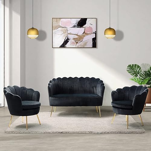 Miniatura 233 de HULALA HOME Moderno sofá biplaza de terciopelo con respaldo en forma de flor, cómodo sofá tapizado de 2 plazas con patas de metal dorado, sofá