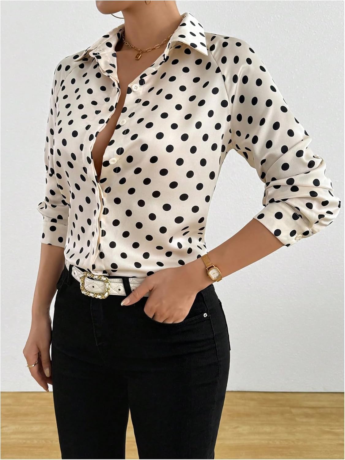 SHENHE Women's Polka Dots Button Up Satin Shirt Long Sleeve Blouse Office Business Casual Outfit - Image 2