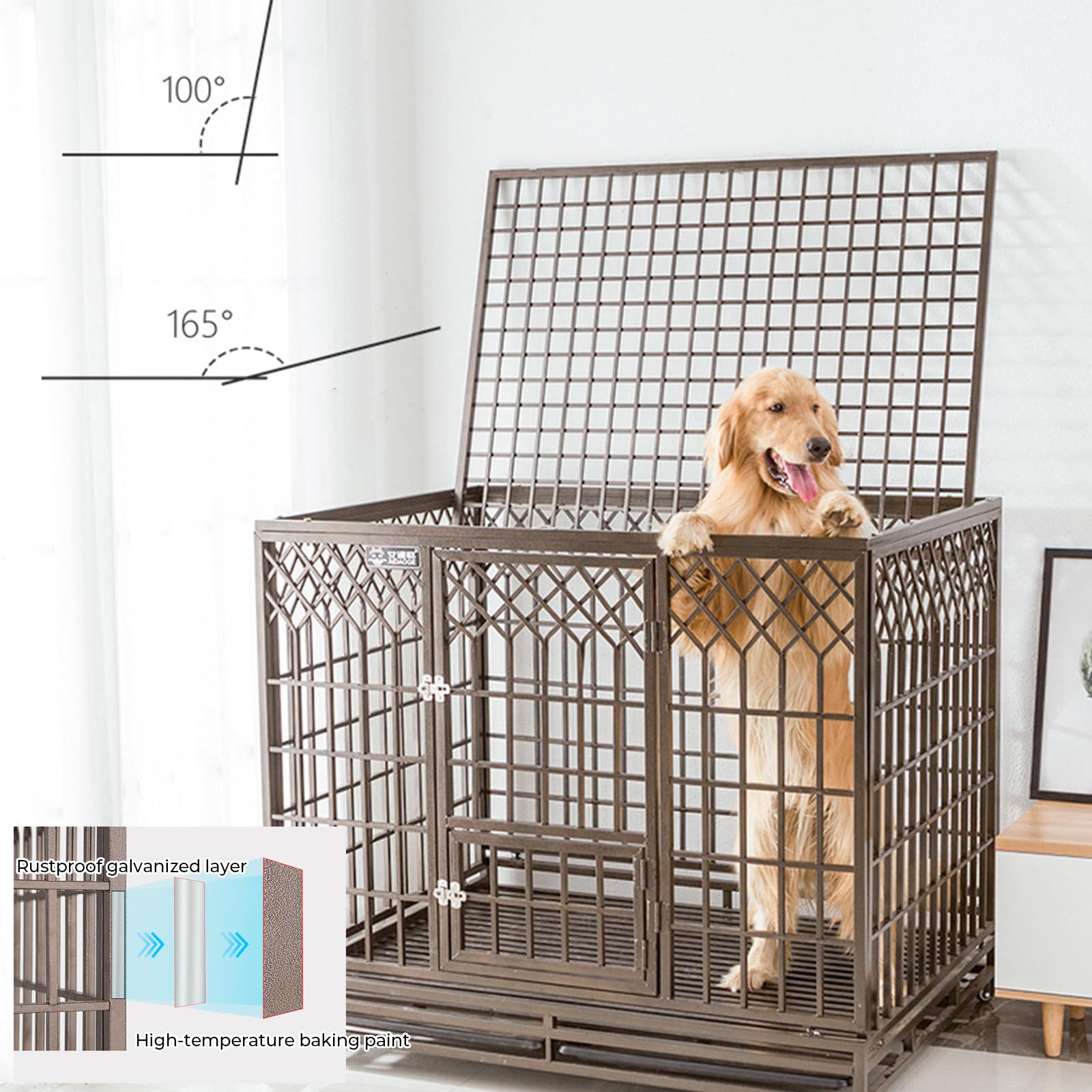 Jaula Para Perros Grande, Caseta De Metal Interiores Con Ansiedad Por Separación, Ruedas Bloqueables Y Bandeja Extraíble, Caja Para Perros Fácil De Montar Con Cuatro Ruedas,41.3"Lx30.3"Wx37.4"H