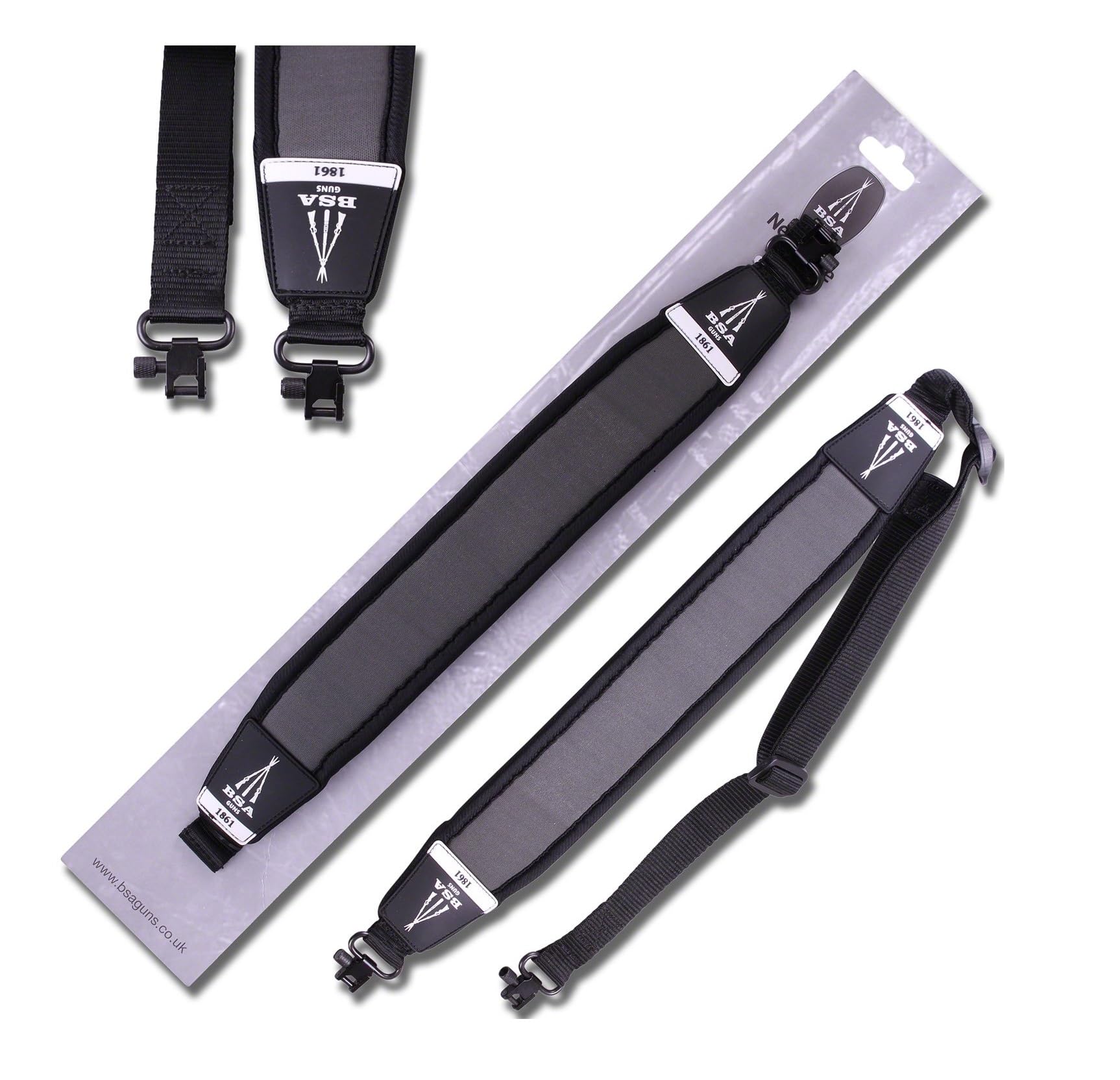 Neoprene Rifle/Airgun Sling from BSA-Gamo for gas or spring air rifles. The butt fixing fits on the clip if you have one, or screws into the butt.