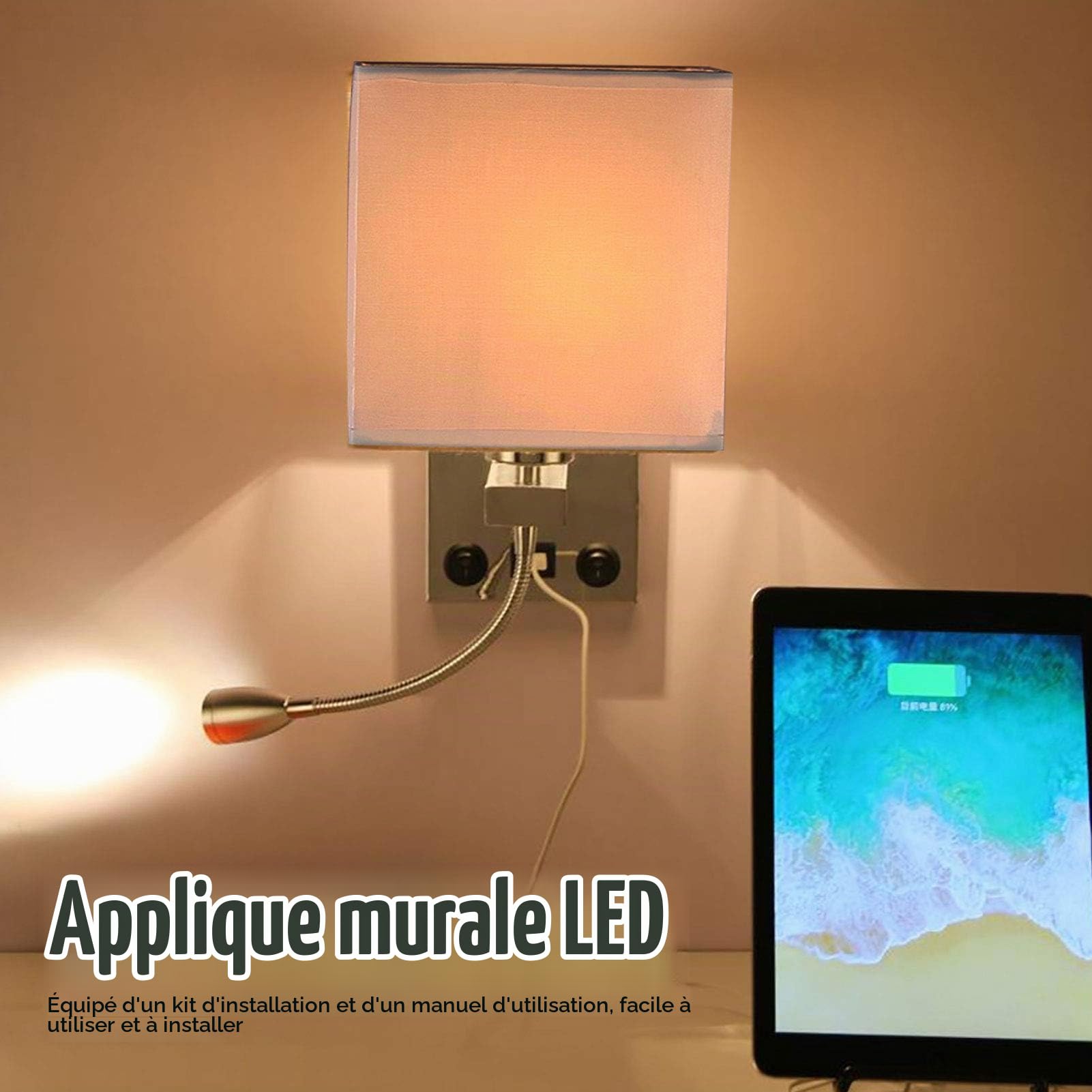 Tissting Applique Murale LED, Lampe de Lecture Réglable avec Bras Articulé et Port USB, Abat-jour Tissu de Lin Blanc E27 Nickel Satiné pour Chambre et Hôtel