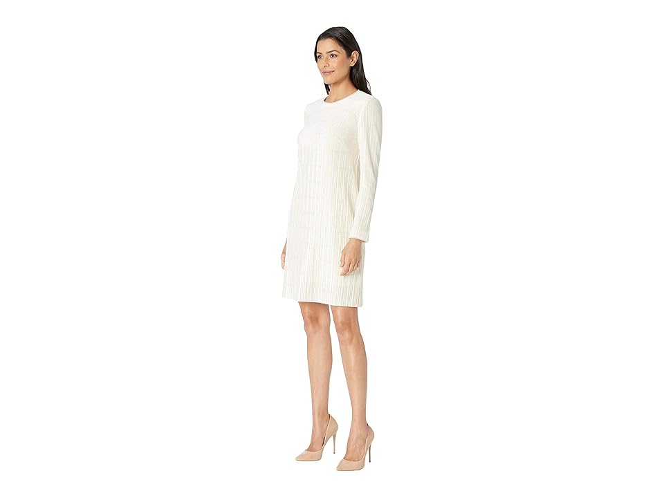 

Adrianna Papell Pleated Metallic Velvet Shift Dress w/ Long Sleeves (Ivory/Silver) Women's Dress