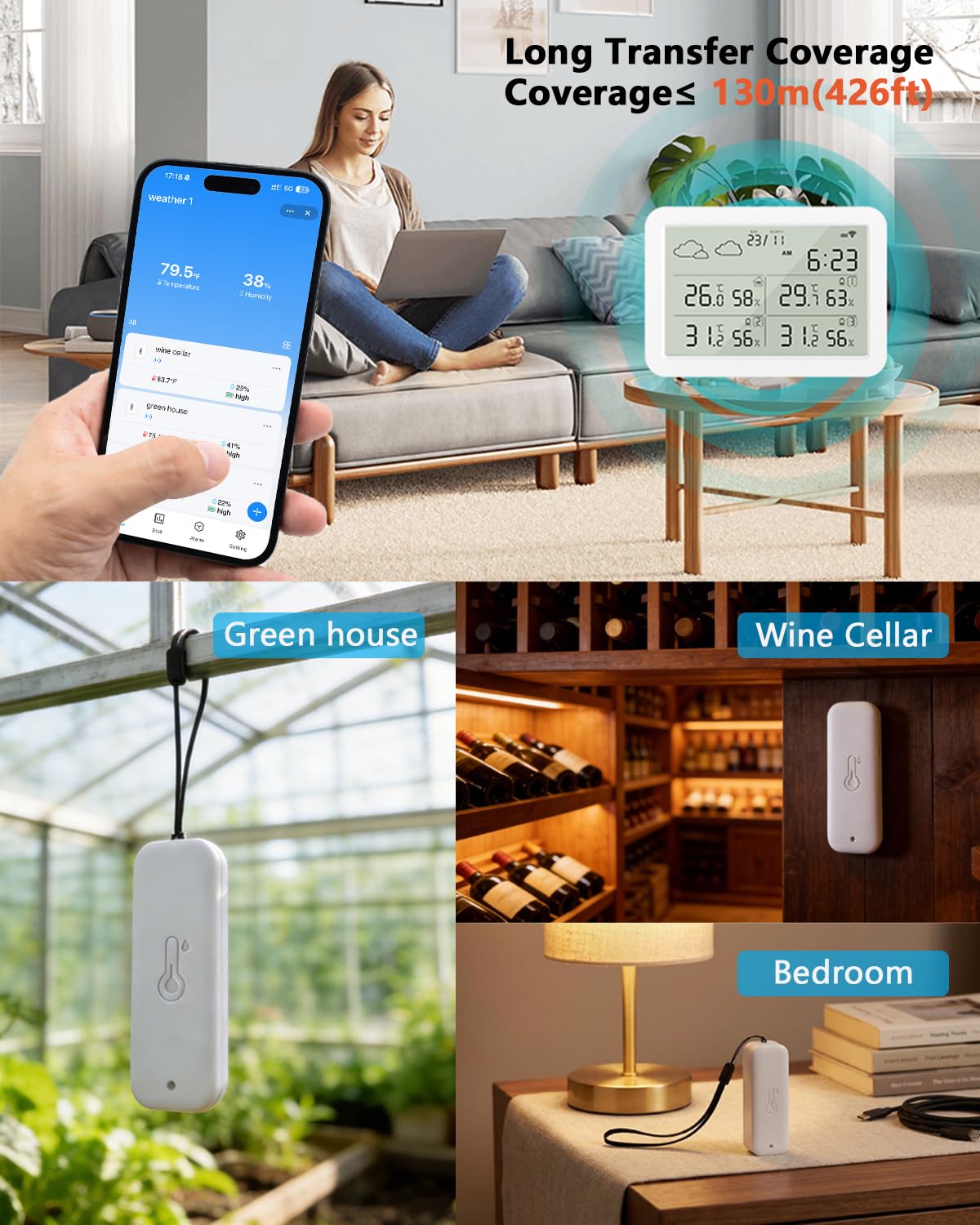 WiFi Remote Temperature and Humidity Monitor (3 Pack),Smart Hygrometer Thermometer with App Notifications,Real-time Screen Display,for Bedroom, Wine Cellar, Basements