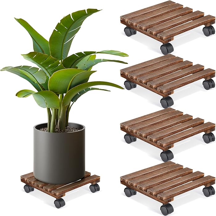 Buy CHENGU 4 Pieces 12 Inch Plant Holder Caddy with Wheels Wood