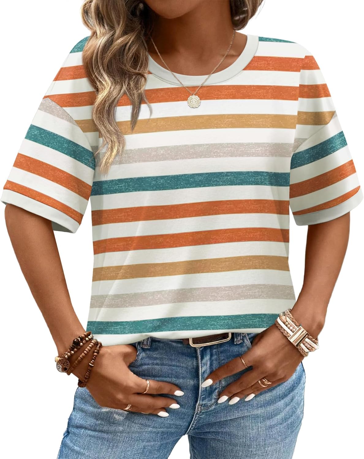 WIHOLL Womens T Shirts Loose Fit Short Half Sleeve Crew Neck Oversized Tshirts Color Block Summer Tops Fashion 2026 - Image 2