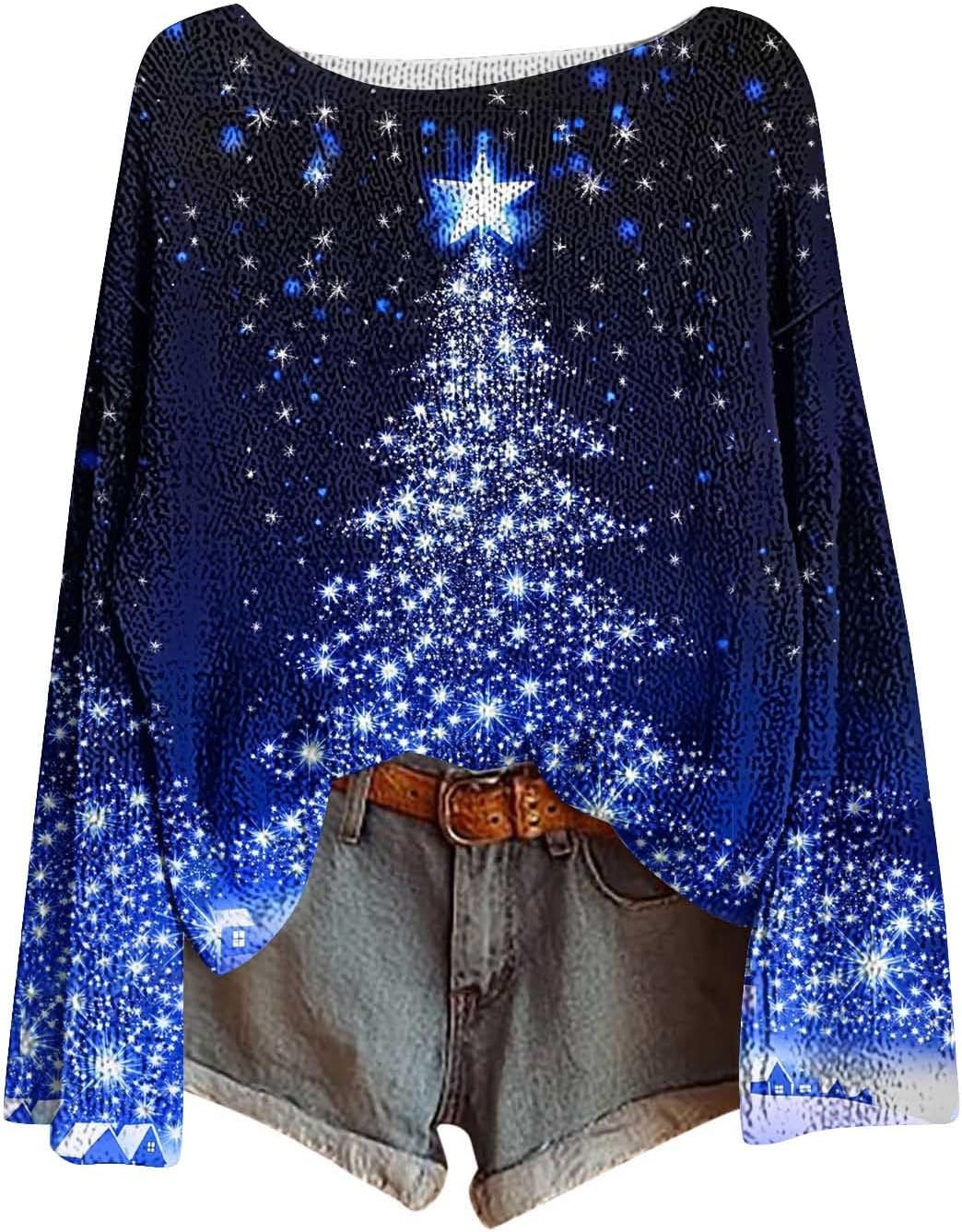 YRAETENM Christmas Shirts for Women Lightweight Funny Xmas Graphic Knit Pullover Casual Crew Neck Long Sleeve Holiday Tops