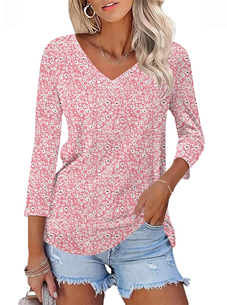 Poetsky Women's V Neck 3/4 Sleeve T Shirt Casual Loose Basic Tops Summer Tee Blouses
