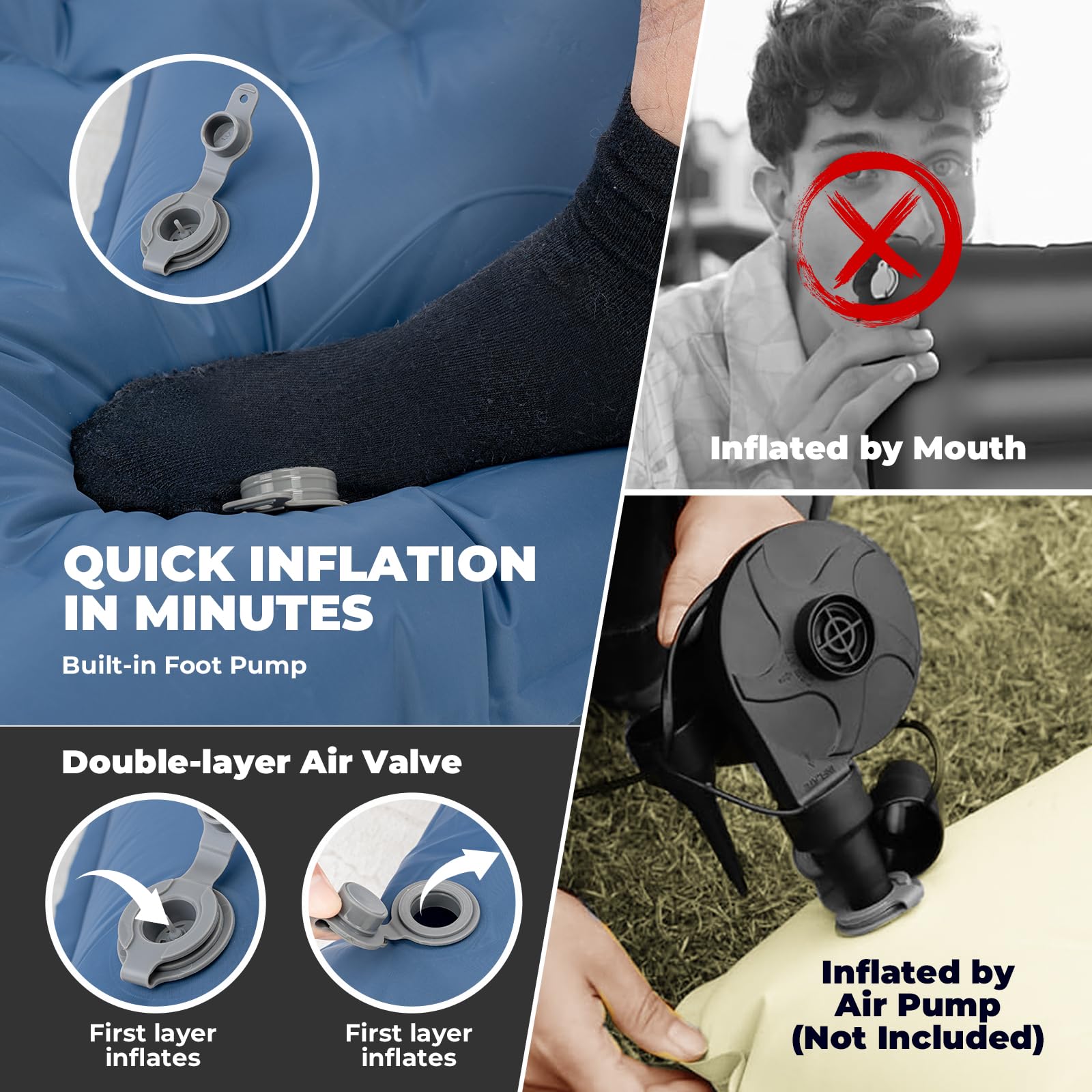Colchoneta Ultraligera para Camping, Esterilla Hinchable Individual 12 cm con Almohada y Bomba de Pie, Colchón Inflable para Dormir en Viajes y Actividades al Aire Libre, Azul