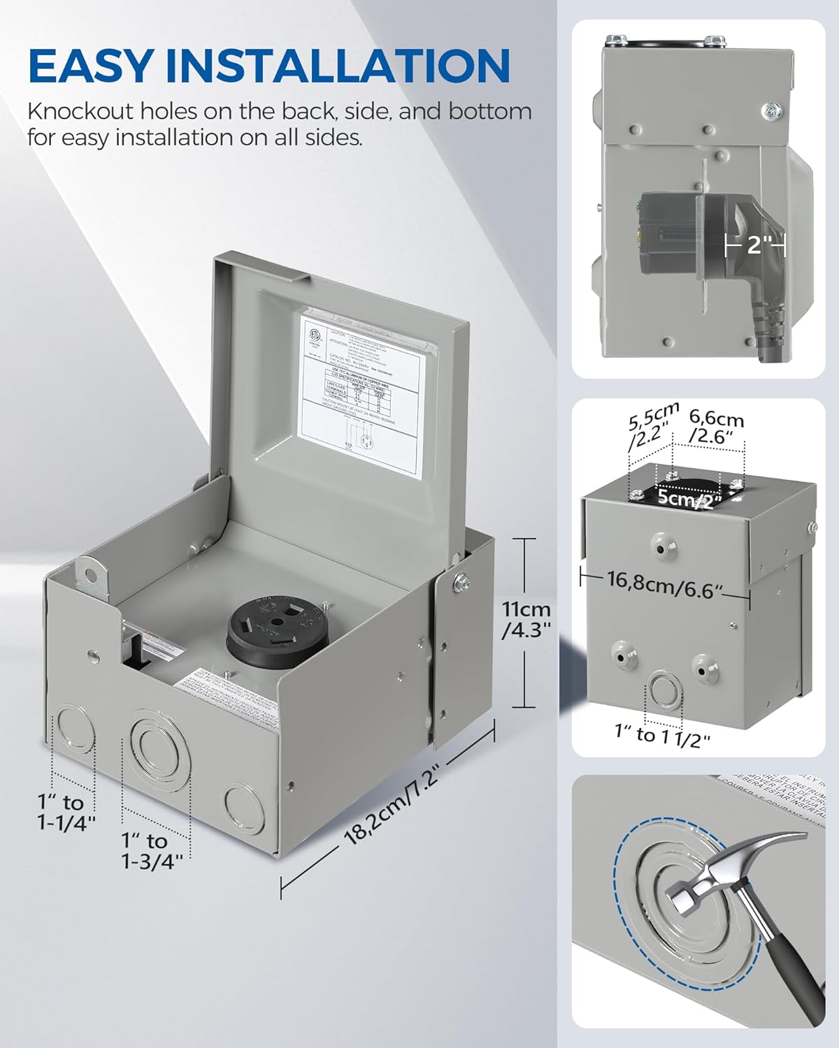 30 Amp RV Power Outlet Box, 125V NEMA TT-30R RV Outlet, Weatherproof Outdoor Electrical Box with Receptacle Panel, Enclosed Lockable Power Box for RV Camper Trailer, ETL Listed H02OB06