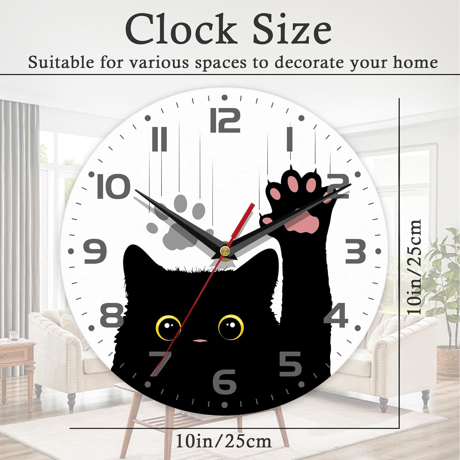 Wall Clock, 10 Inch Silent Non-Ticking Home Kitchen Decor, Battery Operated for Bathroom Bedroom Living Room Office(Cute Black Cats Paws)