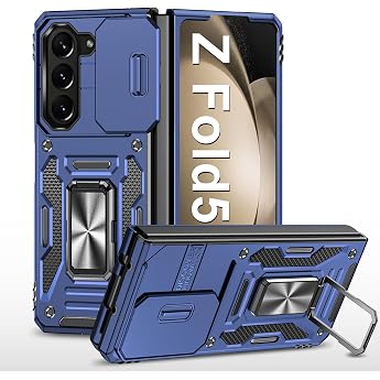 Mobile Phone Case for Samsung Galaxy Z Fold 5 Case with Slide Camera with Camera Protection Galaxy Z Fold 5 Protective Case 360  Rotating Metal Ring Stand Shockproof for Samsung Z Fold 5 5G Drak Blue