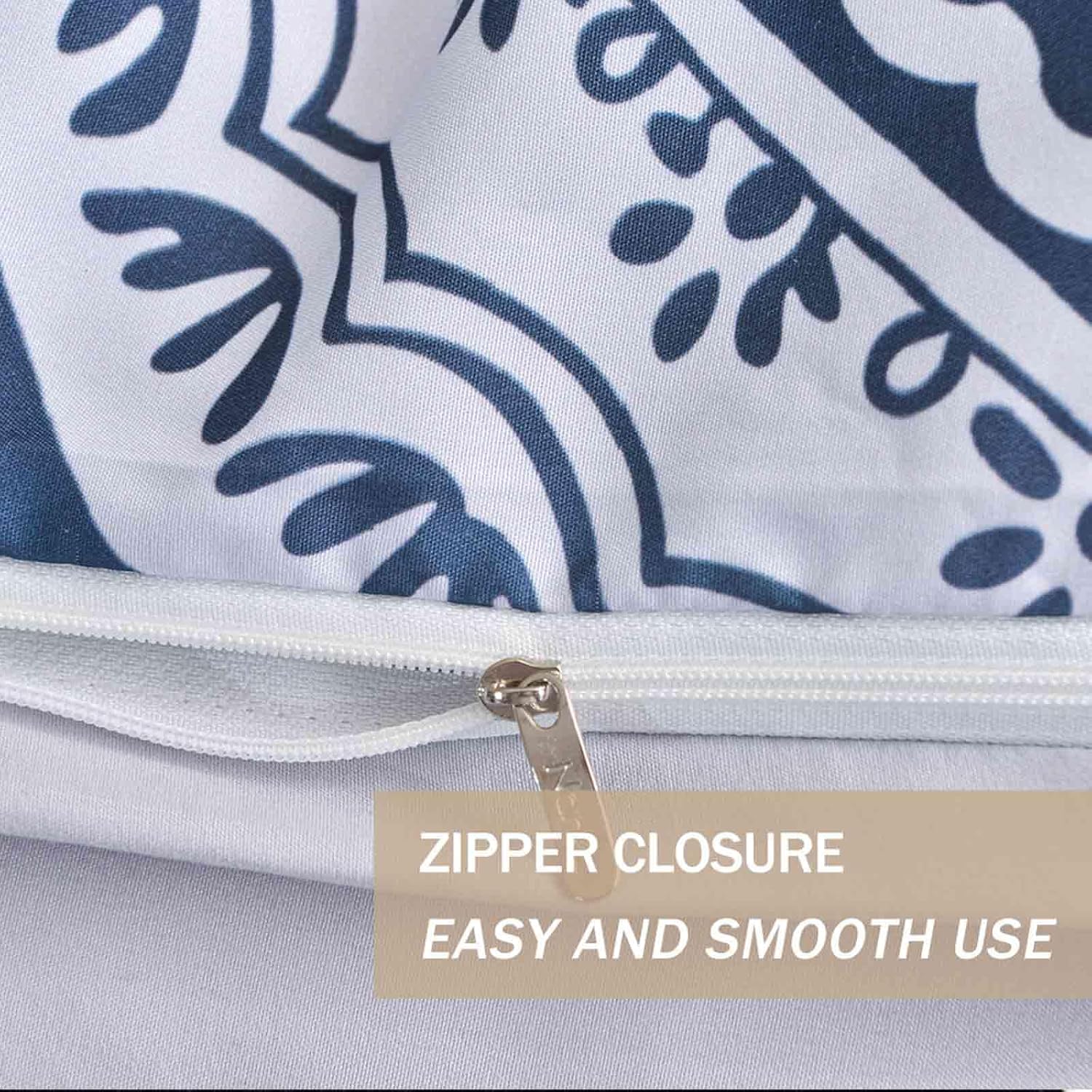 Nanko Boho Duvet Cover Set Queen Size, Navy Blue White Floral Damask Print Pattern, Soft Microfiber Reversible Comforter Bedding Cover Zip Ties - Vintage Bohemian Farmhouse for Women Men, 3 Pcs 90 x90