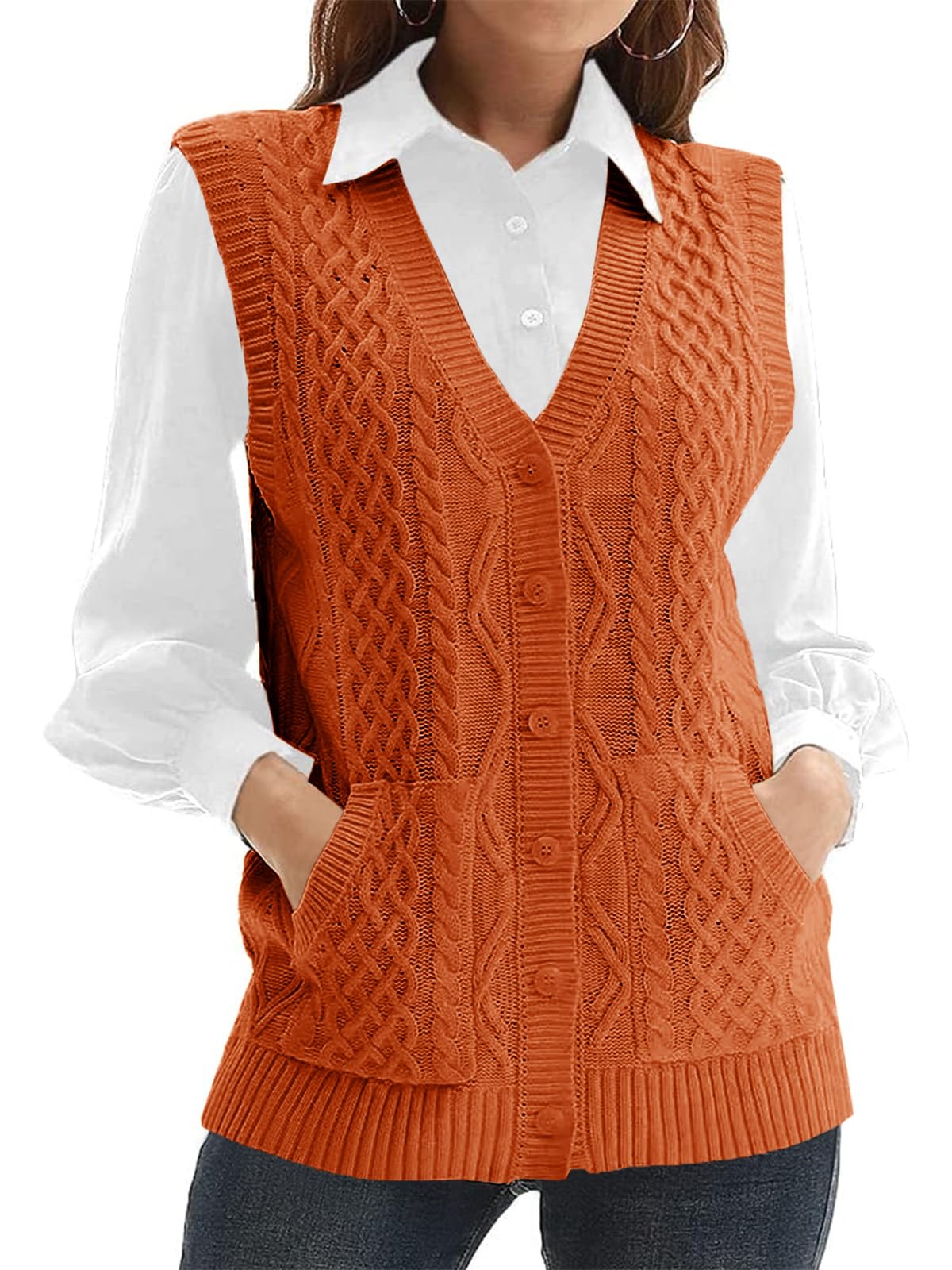 Womens’Knit Sweater Vest V Neck Sleeveless Cardigan Button Down Sweater Pocket Outwear Tops