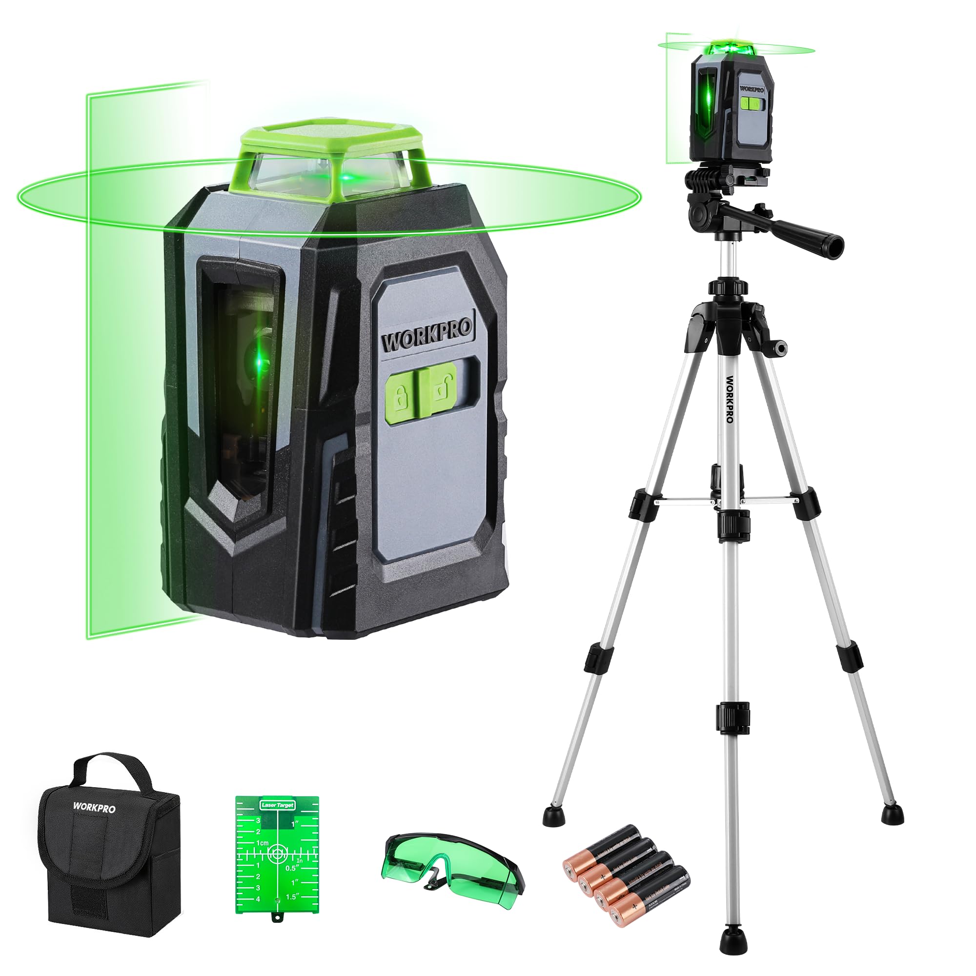 WORKPRO 30 M Self Levelling Laser Level, 360° Green Cross Line with Tripod