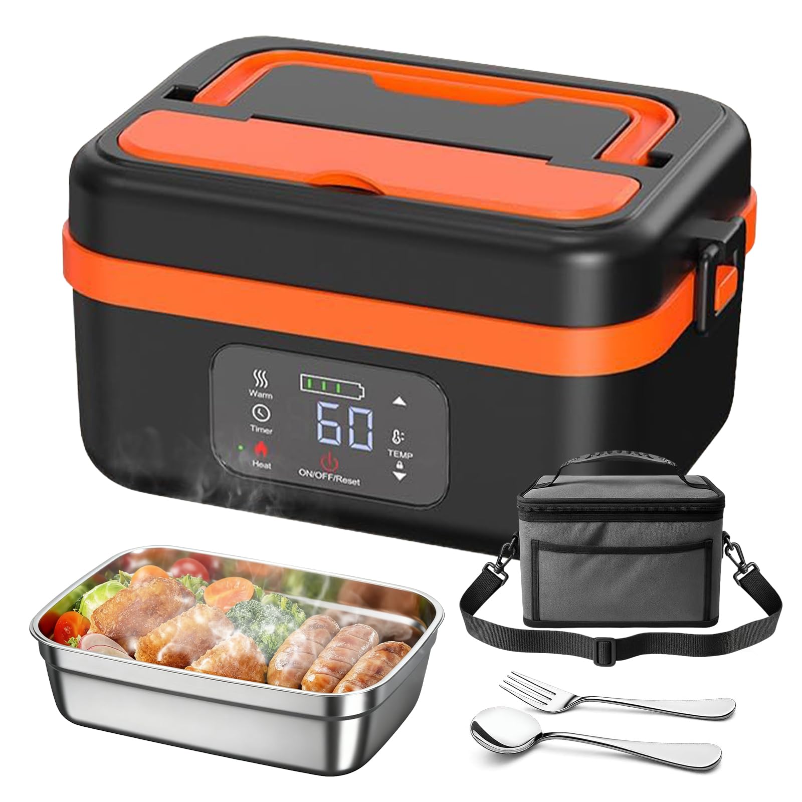 Gamelle Chauffante avec Batterie, Lunch Box Adulte de 1,3 L,Lunch box Chauffante avec Vaisselle en Acier Inoxydable et Sac Isotherme,Rechargeable Lunch Box Électrique avec Minuterie et Fonction (A)