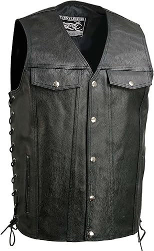 Miniatura 10 de EL1310GO Chaleco de cuero negro clásico con botón a presión para hombre, chalecos de motocicleta para adultos