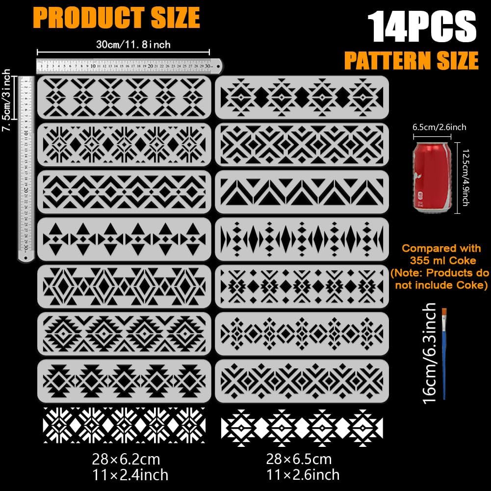 FINGERINSPIRE 14Pcs Aztec Decorative Border Stencils with a Brush 11.8x3Inch 14 Styles Aztec Patterned Border Painting Stencils PET Rhombus Themes Template for Painting on Wood Floor Wall Tile Fabric