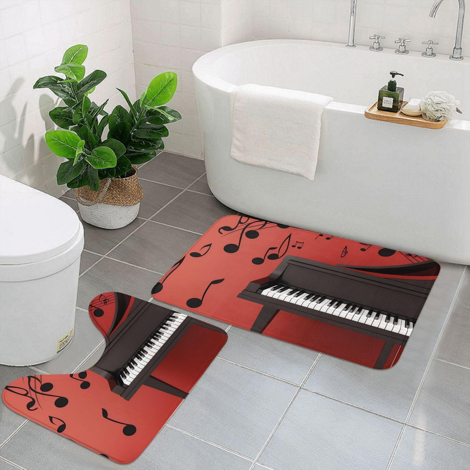Tapis de bain antidérapant en U motif piano et notes de musique pour salle de bain