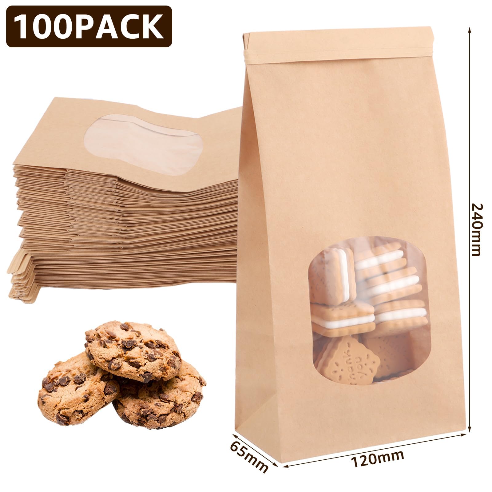 YAYODS 100 sacchetti di carta con finestra, 24 x 12 x 6,5 cm, sacchetti di carta kraft piccoli, sacchetti di carta marrone con chiusura, per biscotti, toast, panini, caramelle, chicchi di caffè