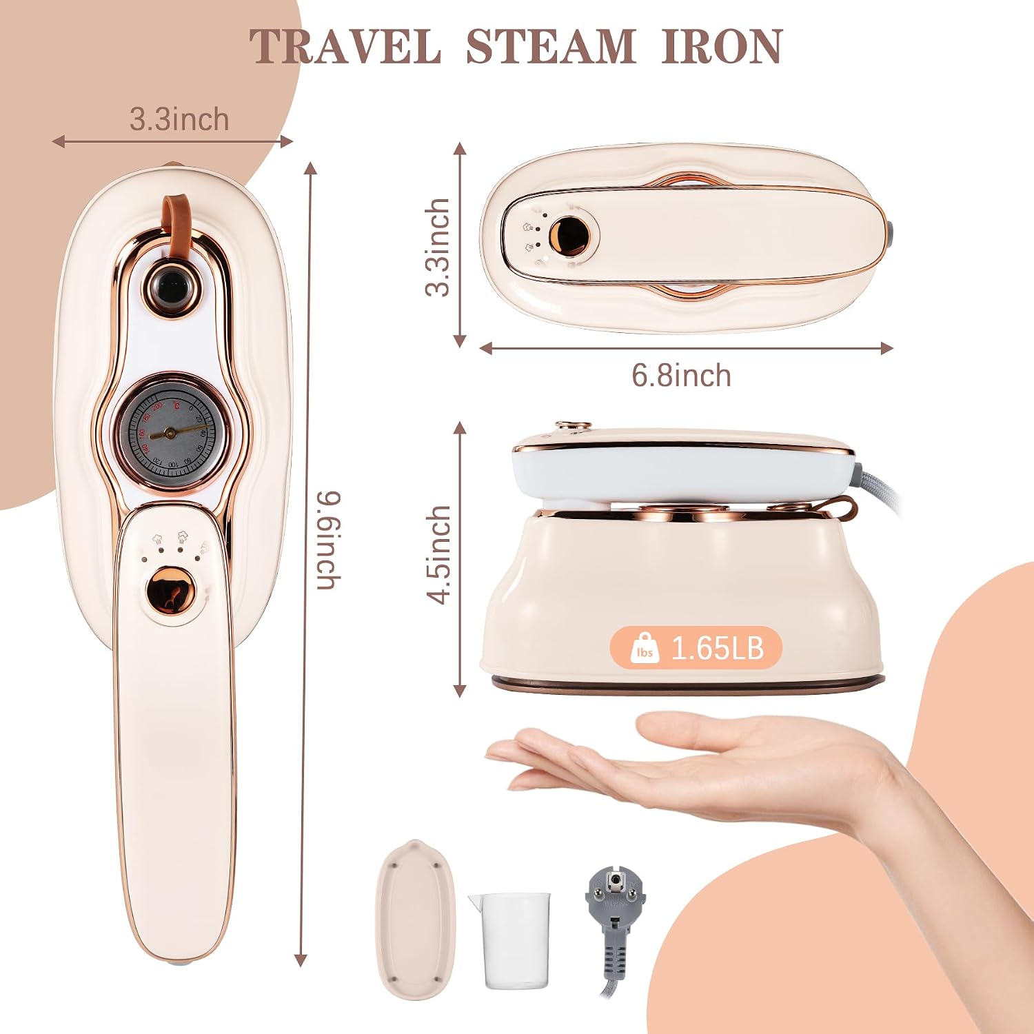 VAYALT Mini Steamer Travel Iron for Clothes, 180° Rotating Handheld Steam Iron, Two Ironing Modes, Three steam levels, 15 Seconds Quick Preheat, Suitable for Dormitory, Home and Travel(Beige)