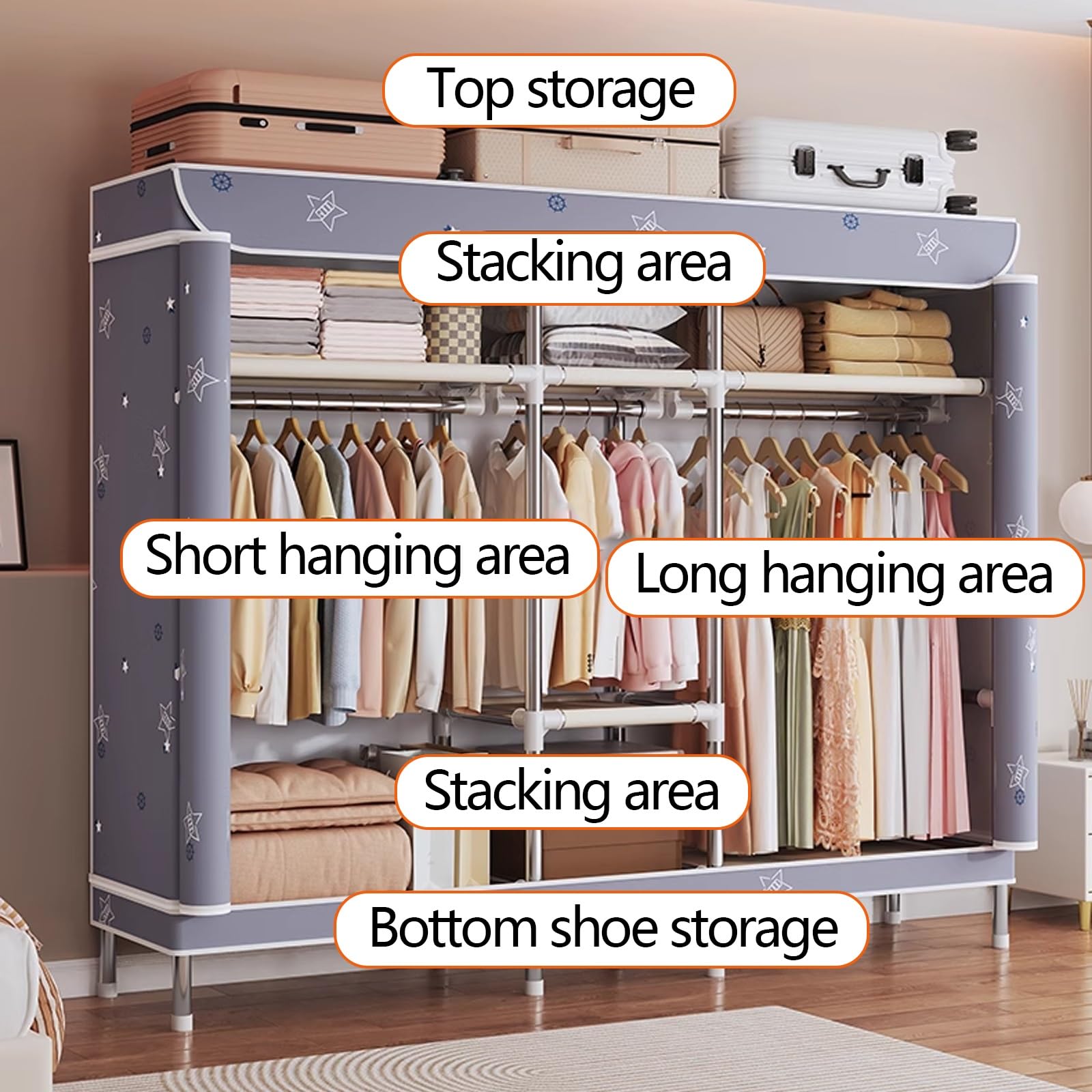 Kleiderschrank Stoff mit Kleiderstange Große Kapazität Camping Kleiderschrank Klappbar Klamotten Ständer mit Reißverschluss für Wohnheime und Wohnungen(Beige,68cm)