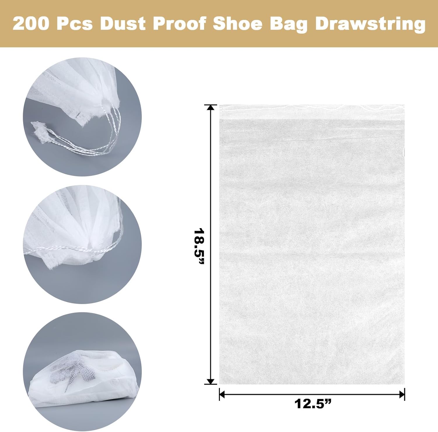 200 Pcs White Non-Woven Shoe Storage Bags – Dustproof Drawstring Travel Shoe Covers (12.5” x 18.5”) – Breathable & Portable Organizers for Shoes, Boots, Purses - Image 2