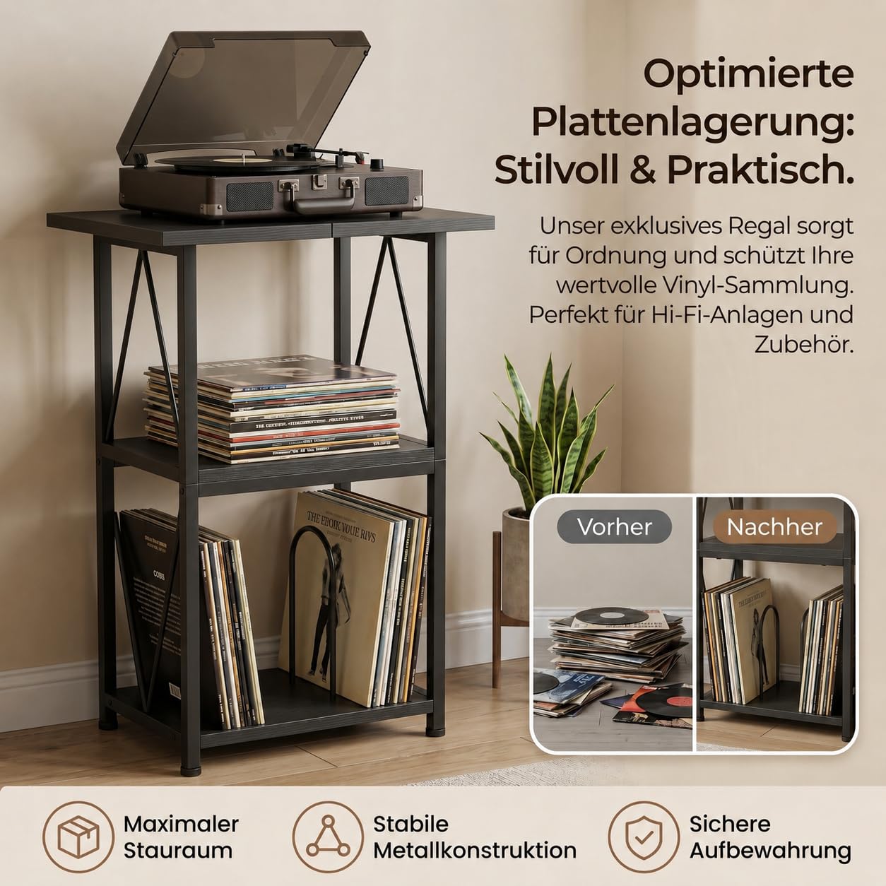 Plattenspieler Regal mit Ladestation, Schallplatten Regal, Beistelltisch | Plattenspieler Regal mit breiter schwarzer Strukturplatte, stabilem Rahmen & Platz für 100 LPs – für Wohn-, Schlaf- & Büro.