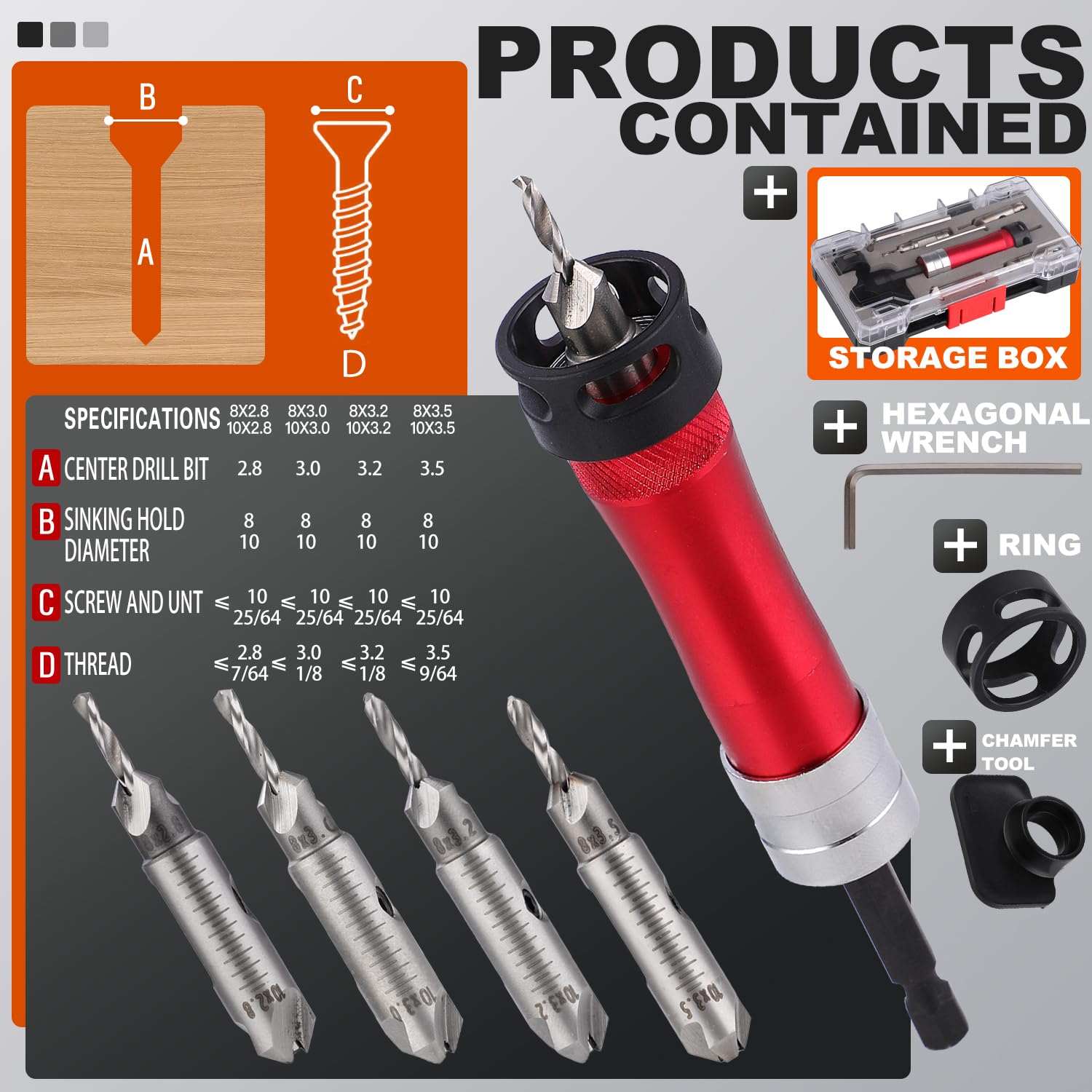 Metal Countersink Drill Bit Set 10-in-1 with Depth Stop, 4 Reversible Heads & Vertical Pilot Adjustable - Hex Shank & Phillips Bit for Hardened Steel/Woodworking, Hex Key & Chamfer Tool Includ