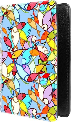 PU Leather Passport Holder Travel Wallet RFID Blocking Card Case Cover With Unique Pattern (Fishes Doodle