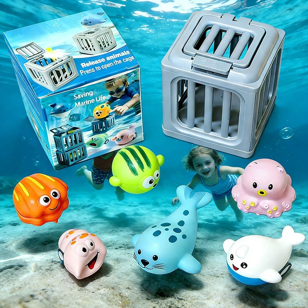 Underwater Dive Rescue Toys - Diving Pool Toys,Diving Cages Toy with Animals Floating,Dive Treasure Hunt Water Play for Swim Training, Beach Lake Bath Summer Party Gift for 3-12 Year Old Boys Girls