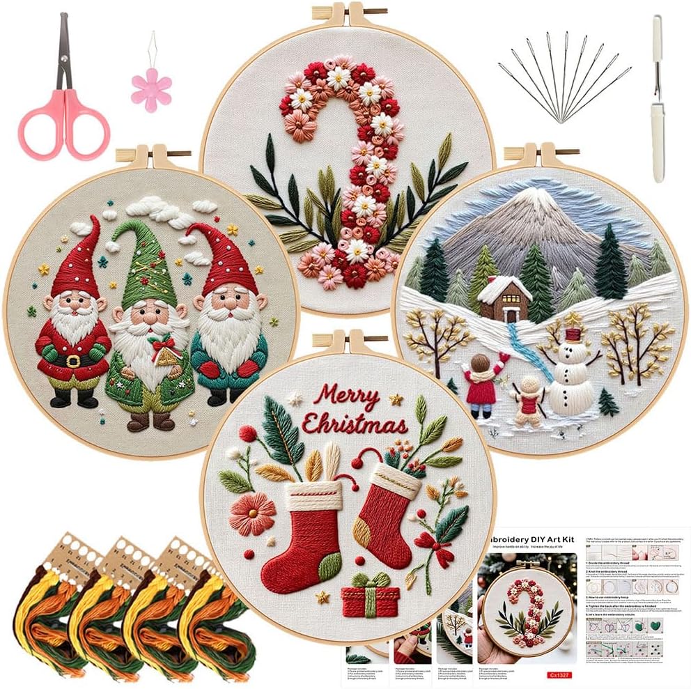 4 Packs Christmas Embroidery Kit for Adult Beginners, DIY Embroidery Starter Set with Printed Pattern, Hoop, Thread, Instructions, Christmas Needlepoint Craft Gift