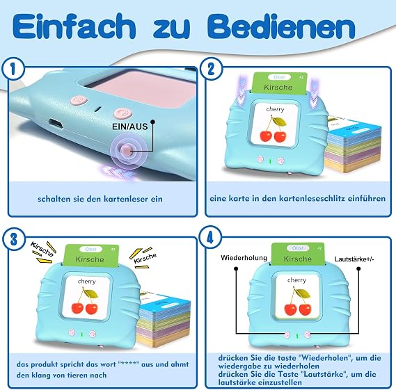 Talking Flash Cards Standard German 112 Sheets 224 Words Talking Flash Cards Educational Toy for Toddlers 2-4 Years Old Interactive Toy for Boys Girls (Blue) Educational Toy for Toddlers Interactive Toy for Boys & Girls Standard German