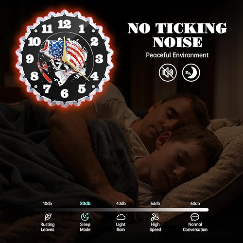 Miniatura 5 de Reloj de pared neón de 12 pulgadas, diseño retro de tapas de cerveza y gráficos de peces de bajo de bandera de EE. UU., llamativo brillo 3D,